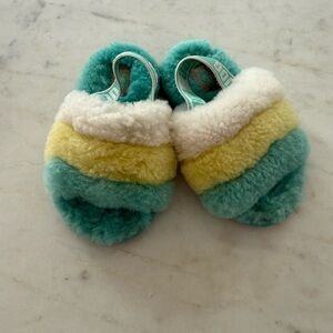 Fuzzy Striped Slippers in Teal, Yellow, and White